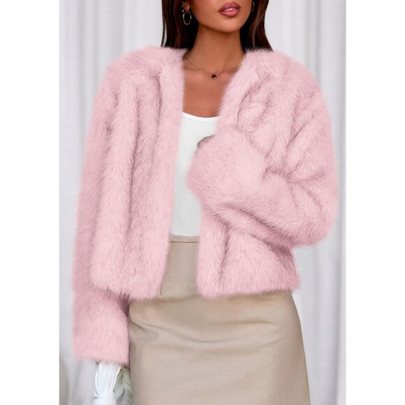 Women's Pink Winter Coats Fluffy Cropped Faux Fur Jacket Long Sleeve Open Front - Picture 6 of 8